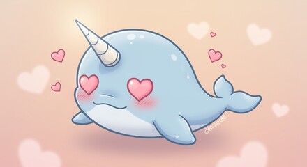 Lieflijke narwal verliefd zachte pastelkleuren. AI Generated