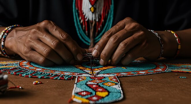 Close up of hands creating intricate beadwork with colorful beads and traditional patterns on fabric