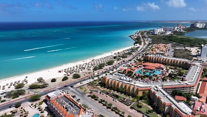 High Rise Hotels In Eagle Beach Oranjestad Aruba. Aerial View Of A Bustling City With High-Rise...