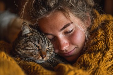 Woman and cat resting together