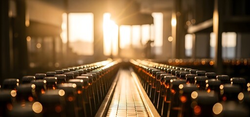 Rows of beer bottles on conveyor in warm golden sunlight, banner template for brewery production craft beer promotion and beverage industry advertising with copyspace.
