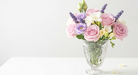 Zachte pastelrozen bloeien elegant in glazen vaas zacht licht. AI Generated