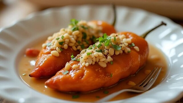  Chiles en Nogada served authentically on a plate
