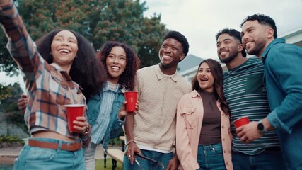 Selfie, happy and friends outdoor at barbecue for celebration, bonding or reunion in backyard. Smile, grill and group of people with photography picture for memory with connection at event together.