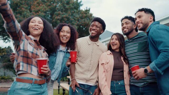 Selfie, happy and friends outdoor at barbecue for celebration, bonding or reunion in backyard. Smile, grill and group of people with photography picture for memory with connection at event together.