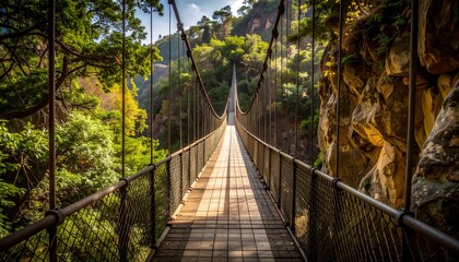 Fototapeta premium Walking on Suspension Bridge Through Lush Green Forest Path