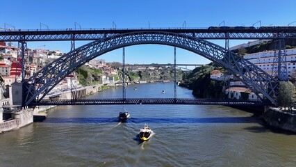 Luis I Bridge In Porto Portugal. Urban Scene Of Railway Train Station In Downtown District....