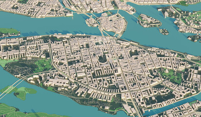 3D render map of Stockholm cityscape. 3D illustration of an aerial view of Stockholm, Sweden.