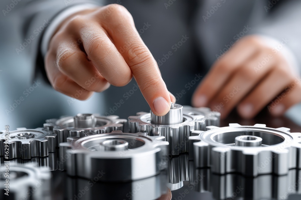 Aufkleber precision engineering in action as a hand adjusts gears on a reflective surface