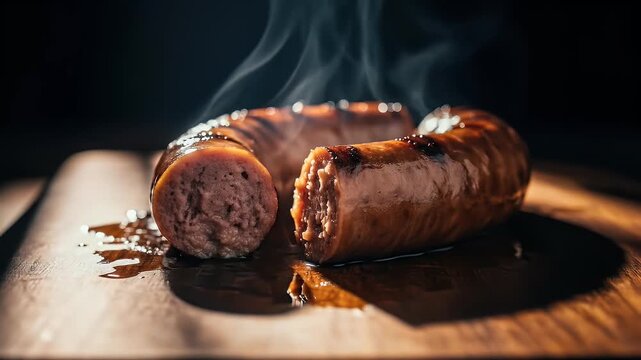 Grilled bratwurst sausage on wooden board close up