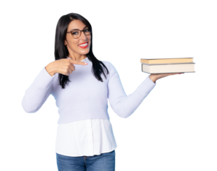 Portrait of a smiling pretty teacher woman holding books and looking at camera isolated over transparent background. PNG.