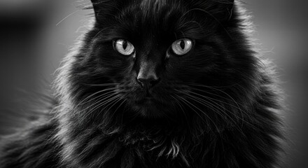 A majestic black cat with piercing eyes stares intently at the viewer