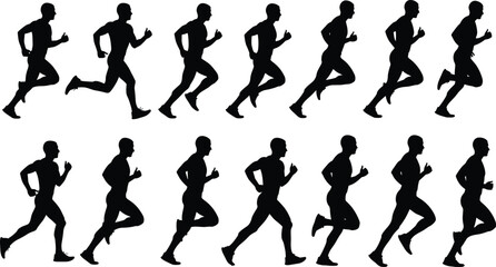 Silhouettes of running men in various jogging poses, fitness workout sequence, athletic male figure on white background, health concept art