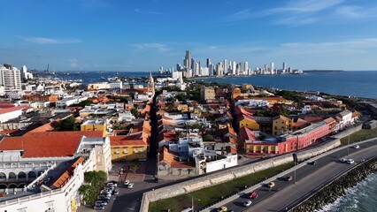 Fototapeta premium Cartagena Skyline In Cartagena Bolivar Colombia. Bustling Downtown Cityscape With Modern Buildings. Business Sky Background Downtown Cityscape. Outdoor Downtown Panning Wide. Cartagena Bolivar.