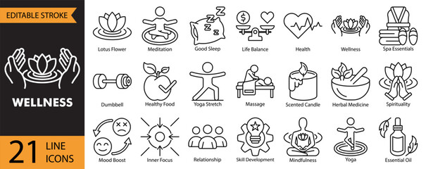 Wellness icon set collection in outline style. An icon pack contain Meditation, Yoga, Spa Essentials, Mindfulness, Good Sleep, Health, Fitness, Scented Candle, Essential Oil, Massage, Herbal Medicine