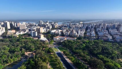 Porto Alegre Skyline In Porto Alegre Rio Grande Do Sul Brazil. Capturing The Hustle And Bustle Of A Vibrant City From Above. Business Sky Clouds Downtown Cityscape. Outdoor Downtown Panning Wide.