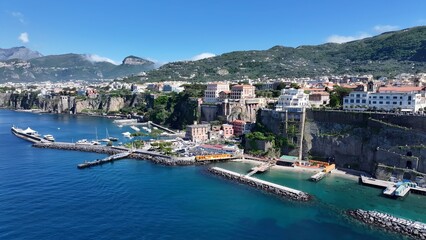 Obraz premium Sorrento Beach In Sorrento Naples Italy. Bird Eye View Of A Amazing Coastal Beach In The Summer Holiday. Holiday Landscape Heaven Vibrant. Holiday Summertime. Sorrento Naples.