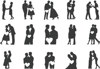  Romantic couple silhouettes holding hearts, love symbols, relationship, affection, kissing, dancing, wedding, gay couples, dating, emotional connection, passion.eps