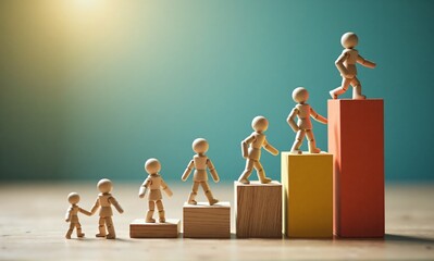 Figurines ascend colorful block steps, symbolizing progress. The journey represents growth, reaching the highest point, with a bright background.