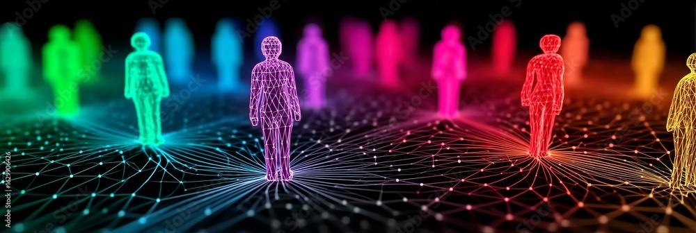 Poster customer data illustrated with colorful avatars on an interconnected digital network grid