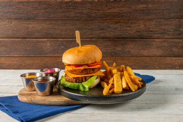 Tasty Burger With Crispy Fries & Dips