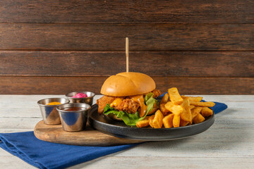 Delicious Burger With Fries on a Rustic Platter