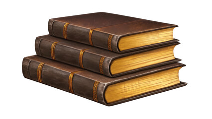 Stack of antique leather bound books isolated on transparent background