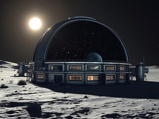 A futuristic observatory dome stands on a moon-like surface, illuminated by a bright sun in a starry night.