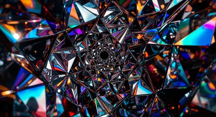 Abstract Kaleidoscopic Tunnel with Reflective Triangular Facets and Vibrant Light Refractions
