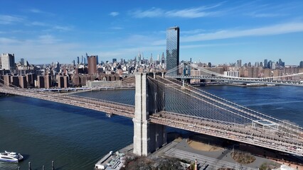Brooklyn Bridge In Manhattan New York United States. Elevated Road Bridge Symbol Of The City Viewed...
