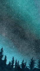 Watercolor painting of a night sky with stars and silhouetted trees in the foreground along the horizon