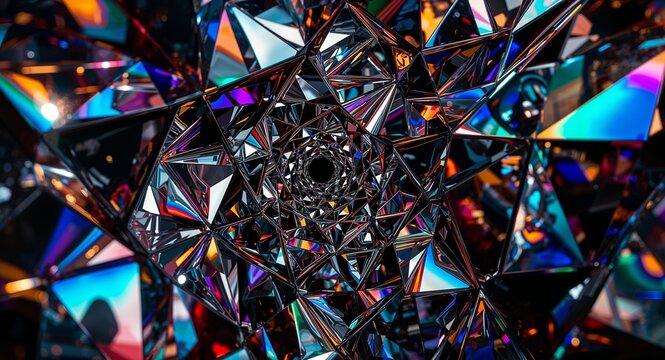 Abstract Kaleidoscopic Tunnel with Reflective Triangular Facets and Vibrant Light Refractions