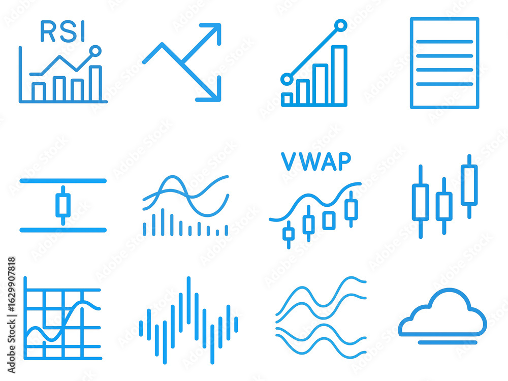 Poster stock market diagrams: an array of simplified diagrams representing technical stock indicators, char