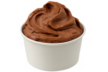 Delicious chocolate ice cream swirling in white paper cup with transparent background