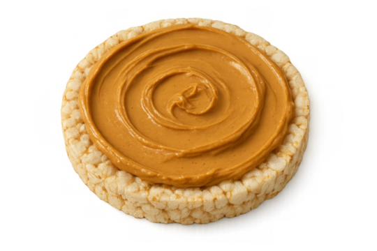 Round rice cake with creamy peanut butter swirls on transparent background