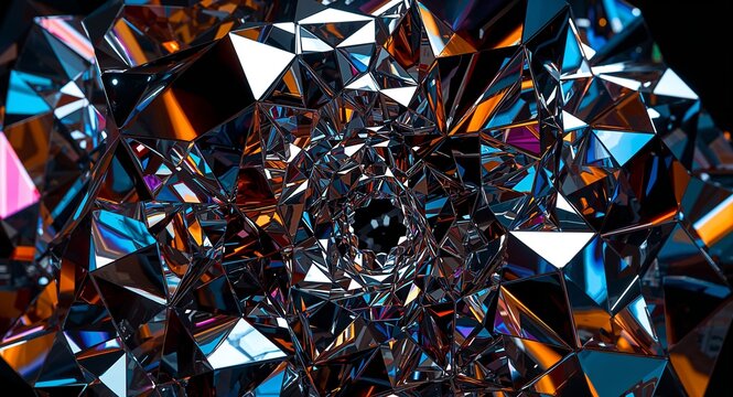 Dynamic Prismatic Tunnel with Reflective Surfaces and Vibrant Light Abstract Background