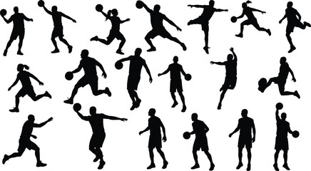 Silhouette collection of basketball players in dynamic action poses, dribbling, jumping, dunking, isolated on white background for sports design..eps