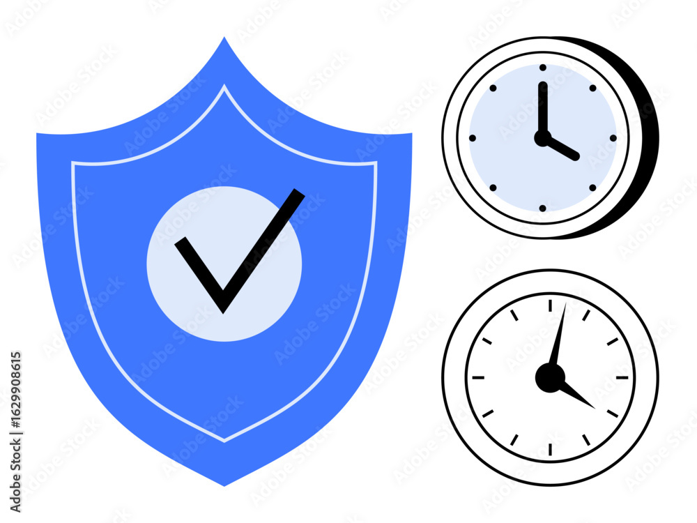 Aufkleber blue shield with checkmark symbolizing security alongside two clocks indicating time themes. ideal f