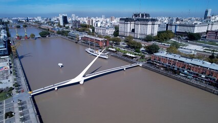 Puerto Madero In Buenos Aires Argentina. Birds Eye View Of Stunning Dark River And Forest Trees. Business Sky Downtown Cityscape. Business Panning Wide. Buenos Aires Argentina.