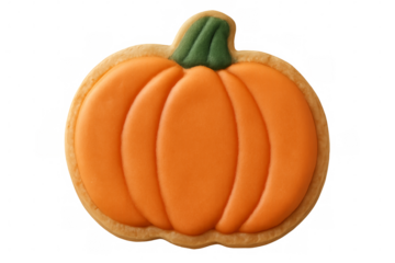 Delicious homemade pumpkin shaped cookie for halloween party on transparent background