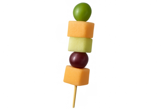Fruit skewer with cantaloupe, honeydew, grape and green grape on transparent background