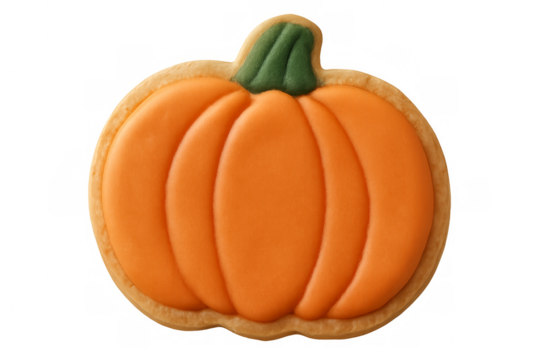 Delicious homemade pumpkin shaped cookie for halloween party on transparent background