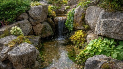 Fototapeta premium Natural landscape featuring a small waterfall cascading over rocks, surrounded by greenery
