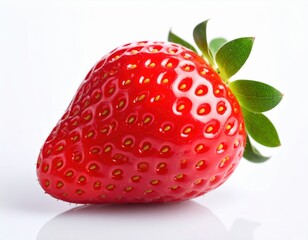 Fresh red strawberry with vibrant green leaves showcasing its juicy texture and natural shine