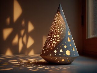 A conical, perforated lamp casting geometric shadows on the wall