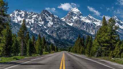 Asphalt road leads toward majestic, snow-capped mountain range under a bright blue sky