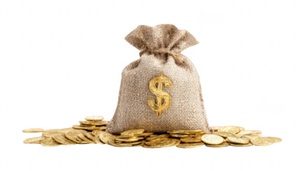 Burlap money bag with a dollar sign and gold coins, png, transparent