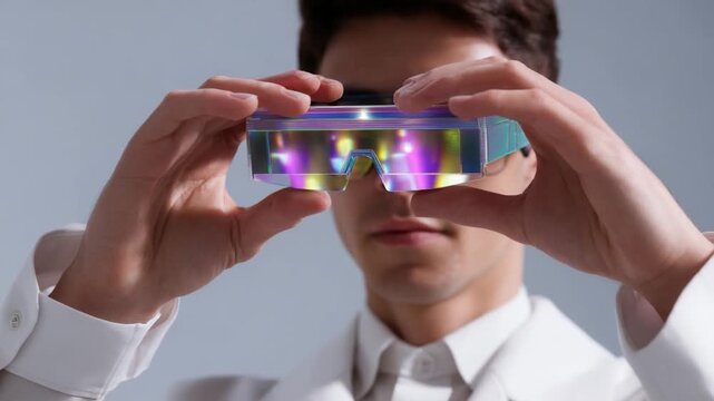 Eye of the Future: A person, showcasing cutting-edge eyewear technology, gazes into a lens that merges the digital with the tangible world.