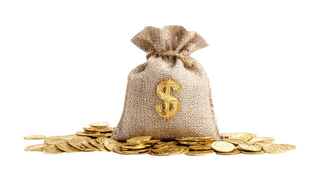 Burlap money bag with a dollar sign and gold coins, png, transparent