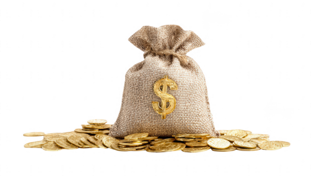 Burlap money bag with a dollar sign and gold coins, png, transparent